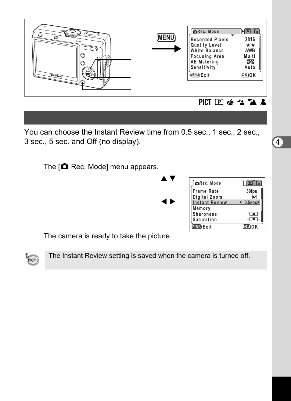 Setting the instant review time (instant review), Press the menu button in capture mode, Press the ok button | Pentax Optio S60 User Manual | Page 81 / 153