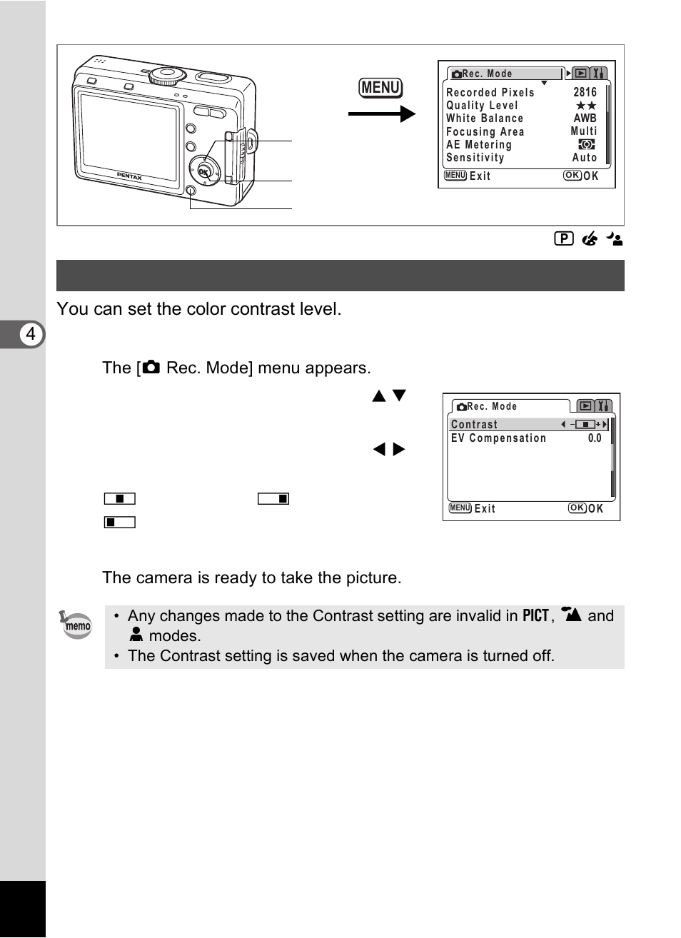 Setting the image contrast (contrast), Press the menu button in capture mode, Press the ok button | Pentax Optio S60 User Manual | Page 84 / 153