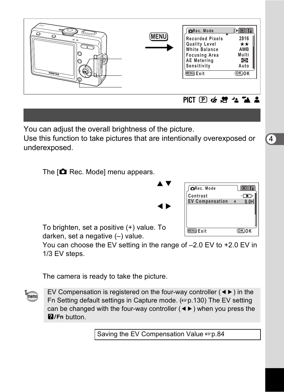 Setting the exposure (ev compensation), Press the menu button in capture mode, Press the ok button | Pentax Optio S60 User Manual | Page 85 / 153