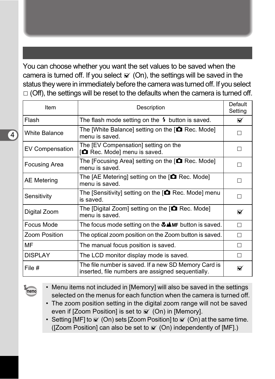 Saving the settings | Pentax Optio S60 User Manual | Page 86 / 153