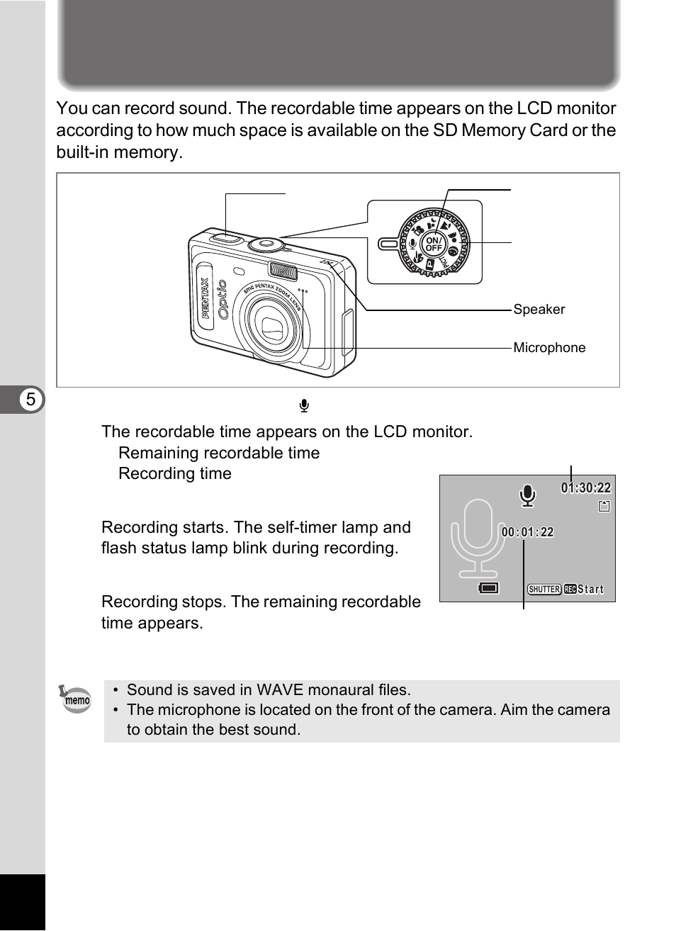 Recording sound (voice recording mode) | Pentax Optio S60 User Manual | Page 88 / 153