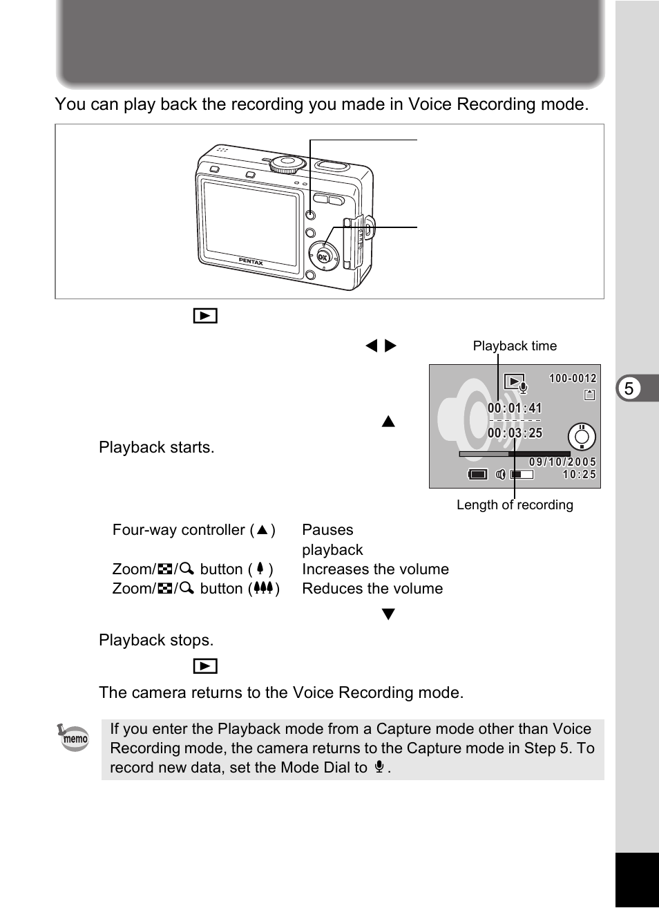 Playing back sound, Press the q playback button, Press the four-way controller ( 2 ) | Press the four-way controller ( 3 ) | Pentax Optio S60 User Manual | Page 89 / 153