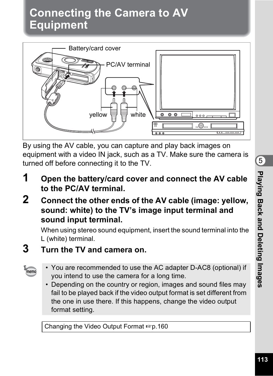 Connecting the camera to av equipment | Pentax Optio WP User Manual | Page 115 / 188