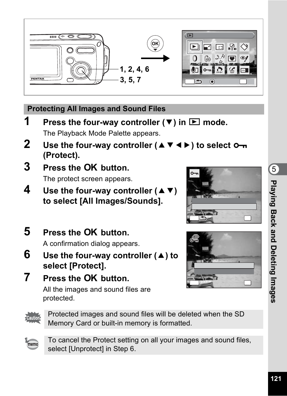 Press the four-way controller ( 3 ) in q mode, Press the 4 button | Pentax Optio WP User Manual | Page 123 / 188