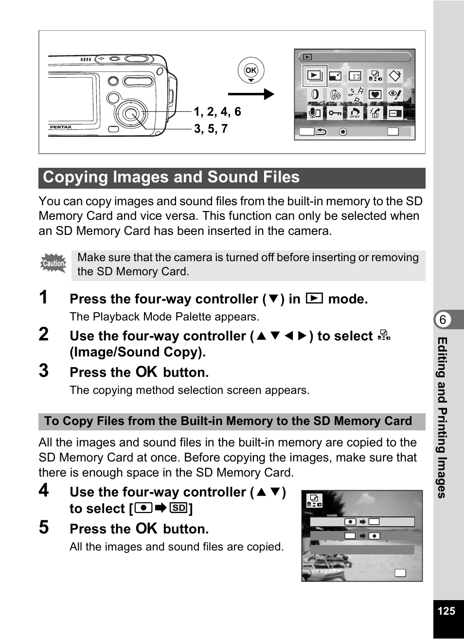 Copying images and sound files, P.125, Press the four-way controller ( 3 ) in q mode | Press the 4 button, Use the four-way controller ( 23 ) to select [ 2 | Pentax Optio WP User Manual | Page 127 / 188