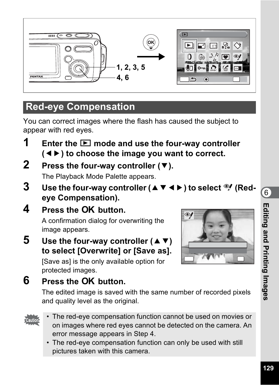 Red-eye compensation, 1 p.129), P.129 | Press the four-way controller ( 3 ), Press the 4 button | Pentax Optio WP User Manual | Page 131 / 188