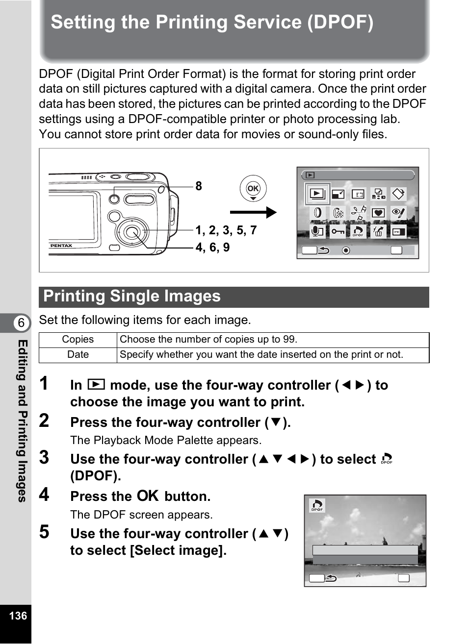 Setting the printing service (dpof), Printing single images, P.136 | Press the four-way controller ( 3 ), Press the 4 button | Pentax Optio WP User Manual | Page 138 / 188