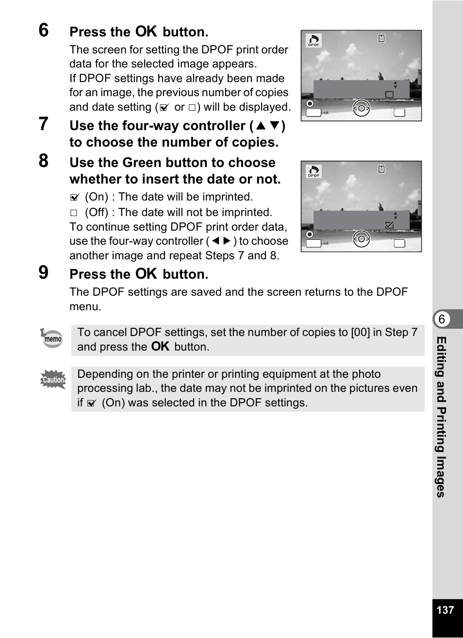 Press the 4 button, 6editin g an d printi ng im age s | Pentax Optio WP User Manual | Page 139 / 188