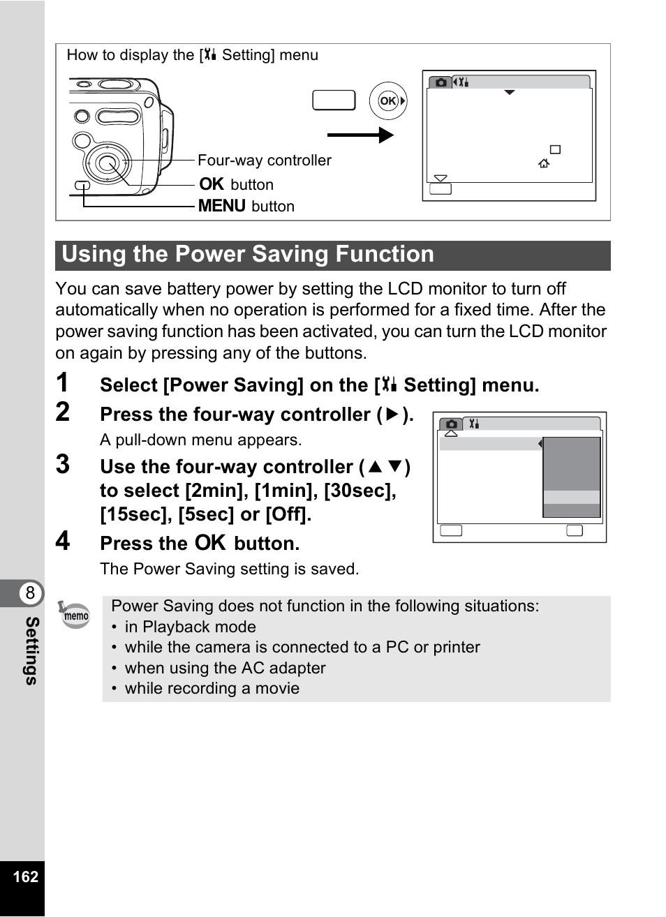 Using the power saving function, P.162, Select [power saving] on the [ u setting] menu | Press the four-way controller ( 5 ), Press the 4 button | Pentax Optio WP User Manual | Page 164 / 188