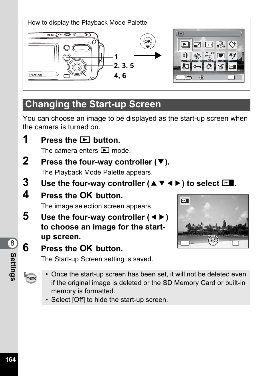 Changing the start-up screen, P.164, Press the q button | Press the four-way controller ( 3 ), Use the four-way controller ( 2345 ) to select, Press the 4 button | Pentax Optio WP User Manual | Page 166 / 188