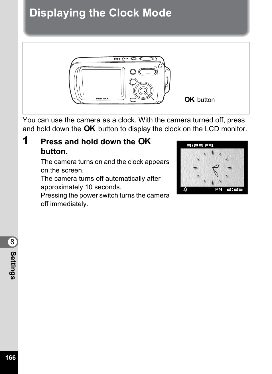 Displaying the clock mode, P.166) | Pentax Optio WP User Manual | Page 168 / 188