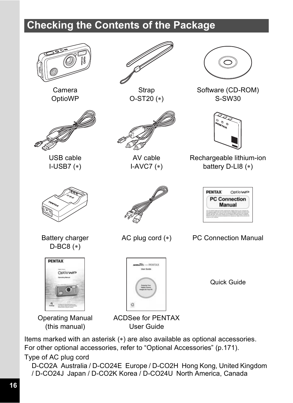 Checking the contents of the package | Pentax Optio WP User Manual | Page 18 / 188