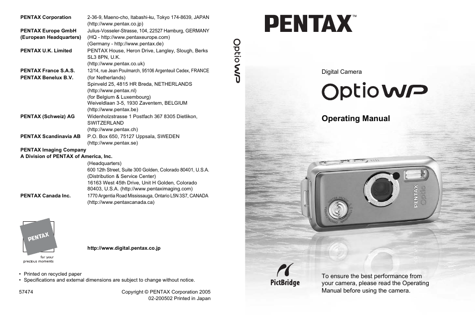 Operating manual, Digital camera | Pentax Optio WP User Manual | Page 188 / 188