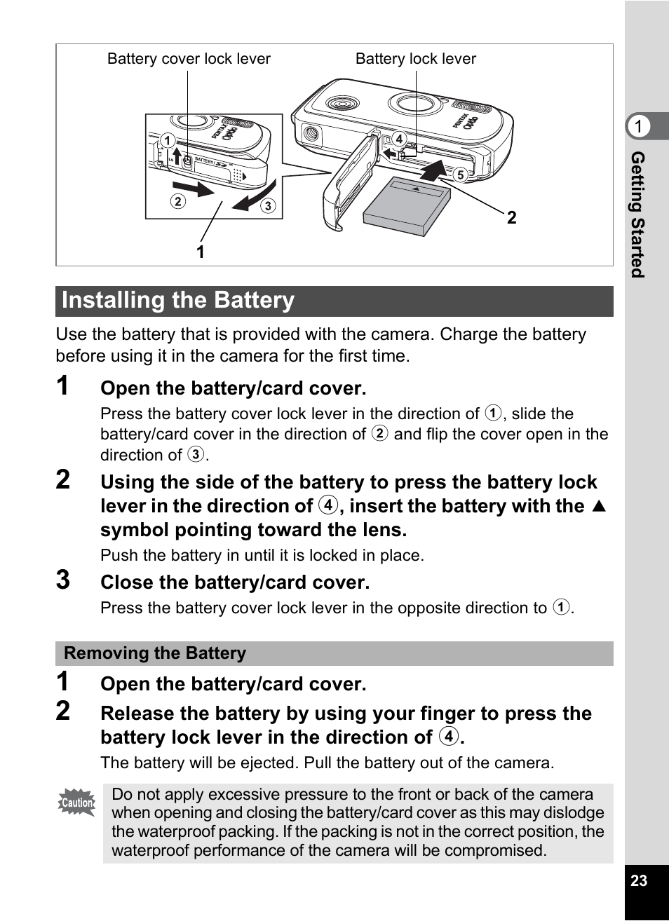 Installing the battery | Pentax Optio WP User Manual | Page 25 / 188