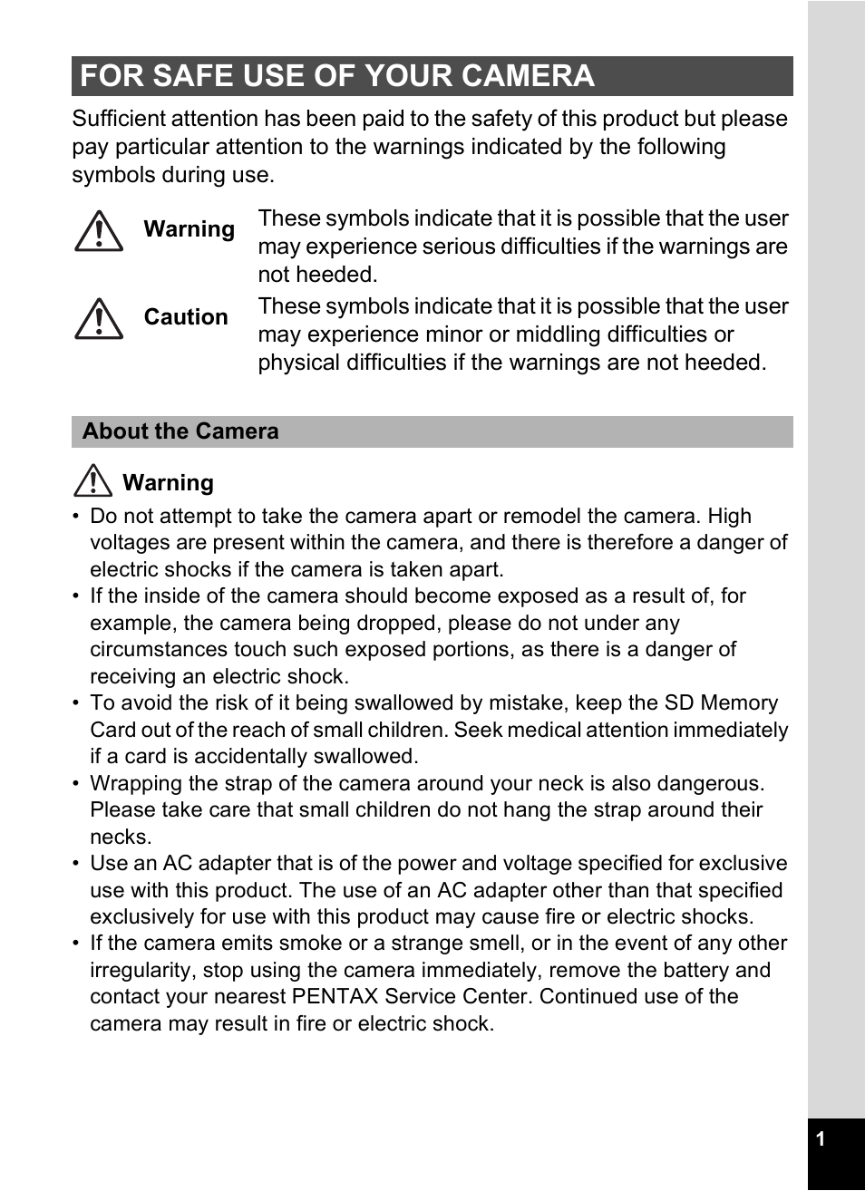 For safe use of your camera | Pentax Optio WP User Manual | Page 3 / 188