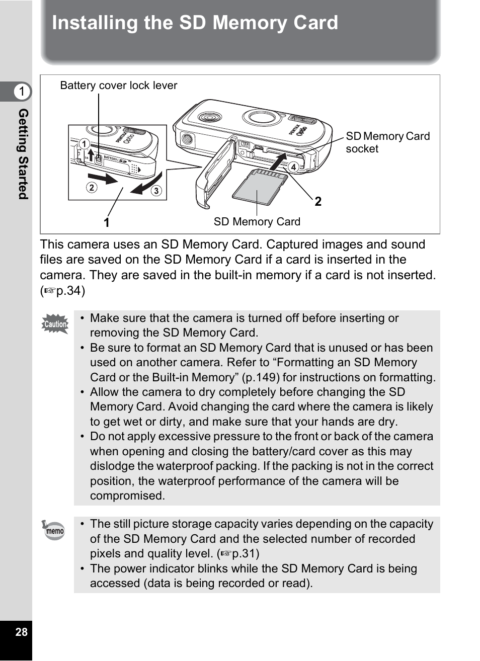 Installing the sd memory card | Pentax Optio WP User Manual | Page 30 / 188
