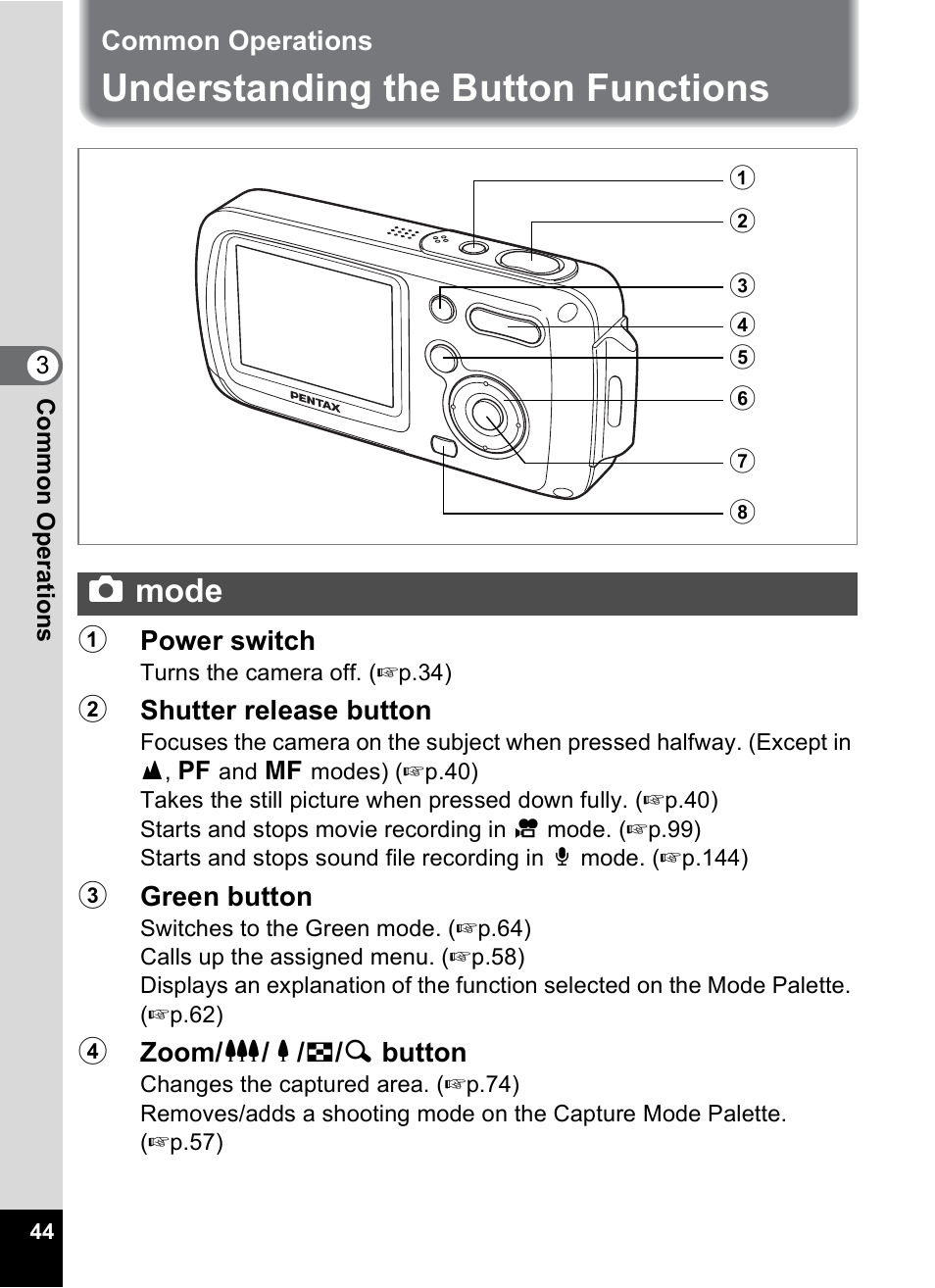 Common operations, Understanding the button functions, Capture mode | Mode, Amode | Pentax Optio WP User Manual | Page 46 / 188