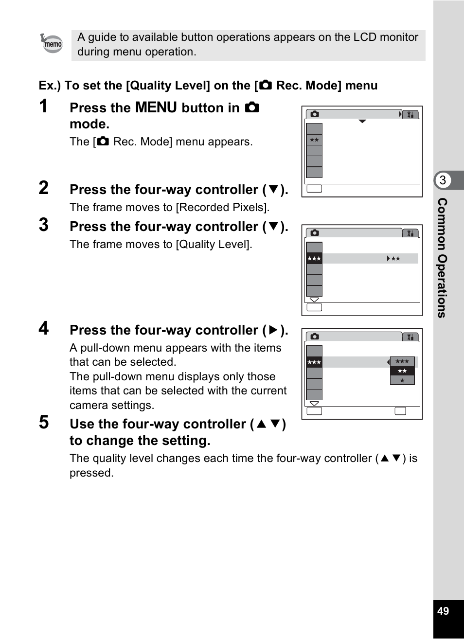 Press the 3 button in a mode, Press the four-way controller ( 3 ), Press the four-way controller ( 5 ) | The [a rec. mode] menu appears, The frame moves to [recorded pixels, The frame moves to [quality level | Pentax Optio WP User Manual | Page 51 / 188