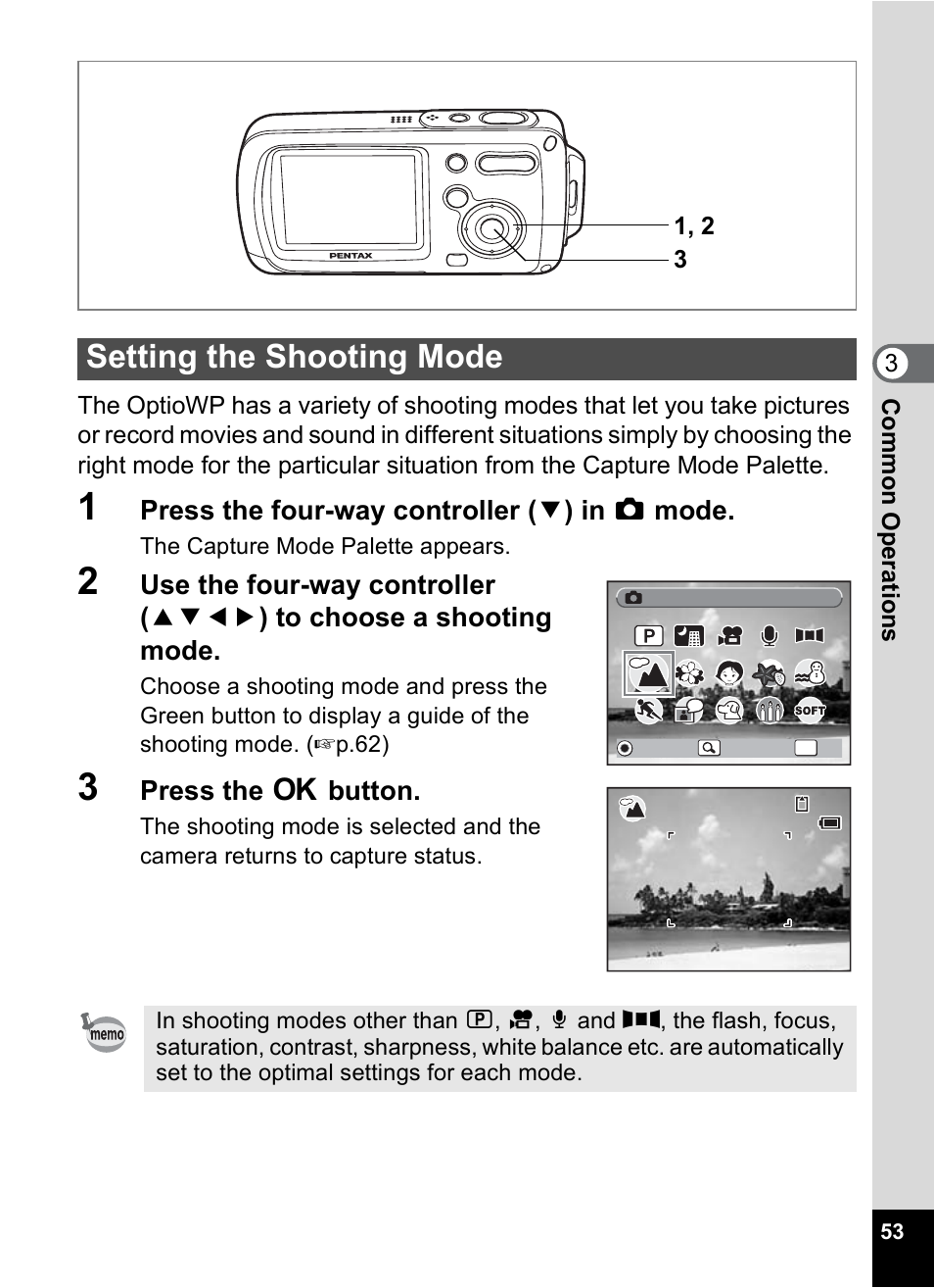 Setting the shooting mode, 1p.53), P.53) | P.53, Press the four-way controller ( 3 ) in a mode, Press the 4 button | Pentax Optio WP User Manual | Page 55 / 188