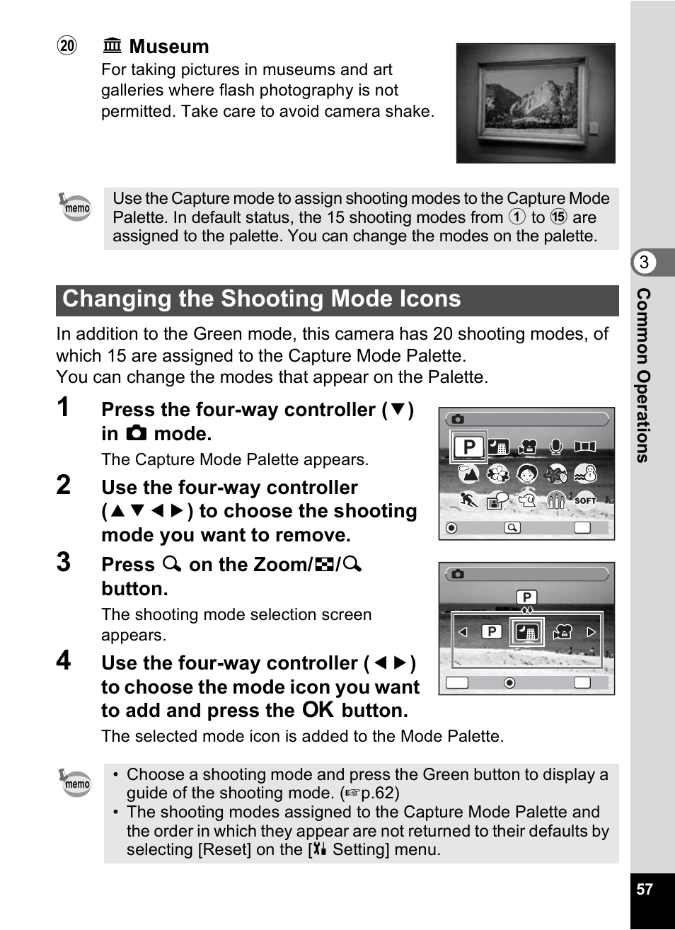 Changing the shooting mode icons, P.57, Jj museum | Press the four-way controller ( 3 ) in a mode, Press y on the zoom/ f / y button, 3com m on o p erati ons | Pentax Optio WP User Manual | Page 59 / 188