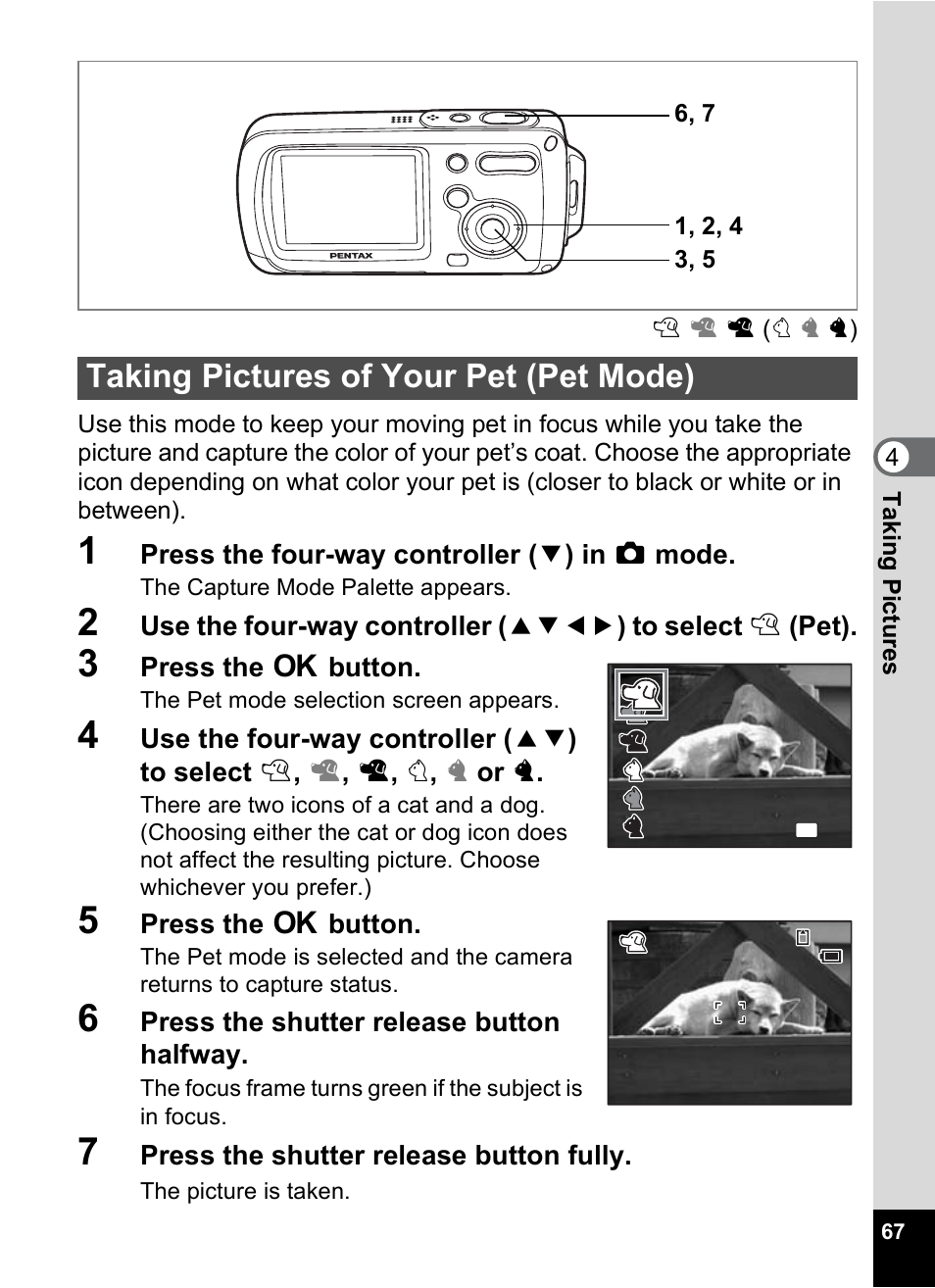 Taking pictures of your pet (pet mode) | Pentax Optio WP User Manual | Page 69 / 188