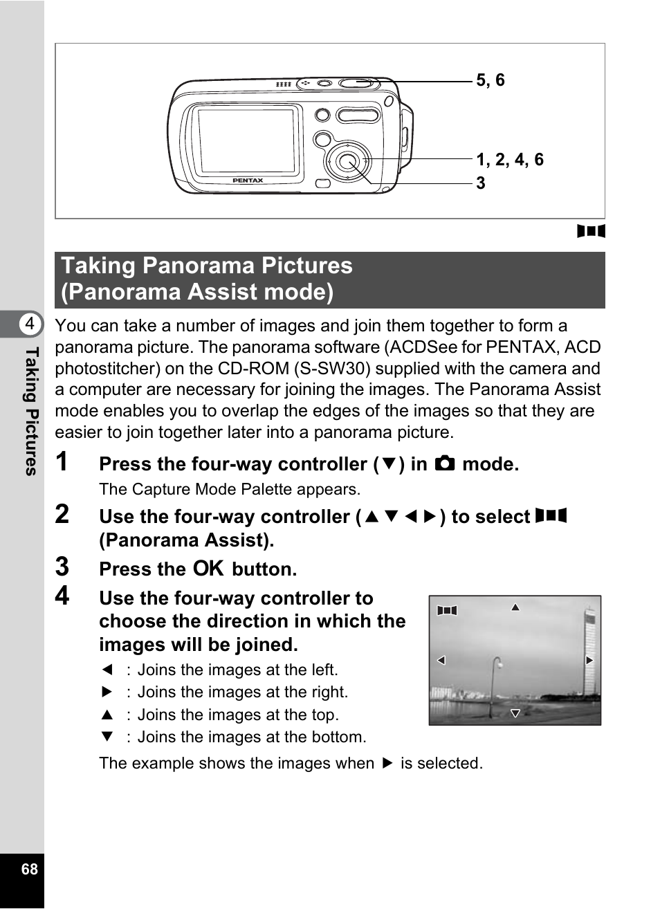 Taking panorama pictures (panorama assist mode) | Pentax Optio WP User Manual | Page 70 / 188