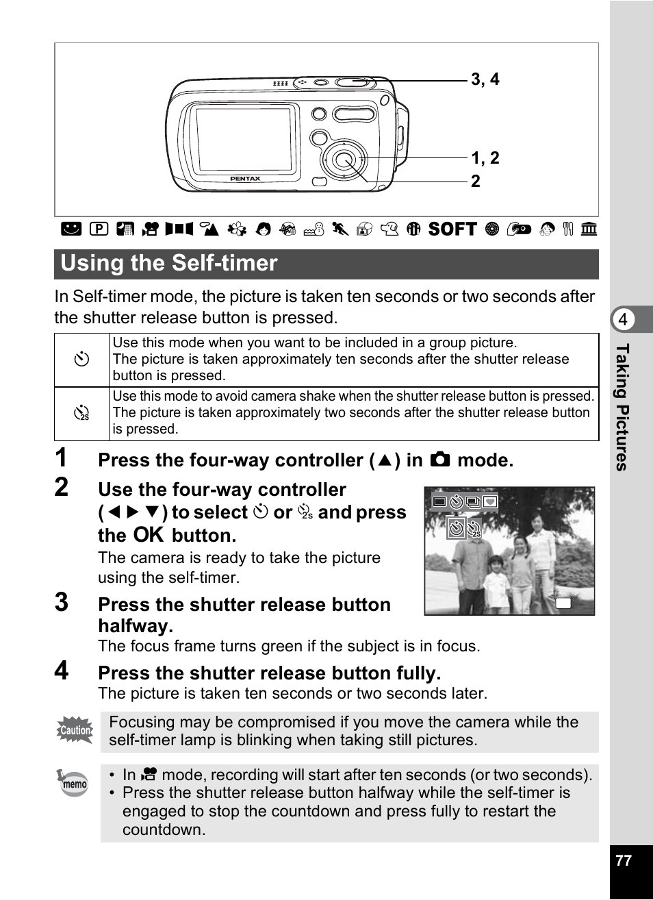 Using the self-timer, P.77 | Pentax Optio WP User Manual | Page 79 / 188