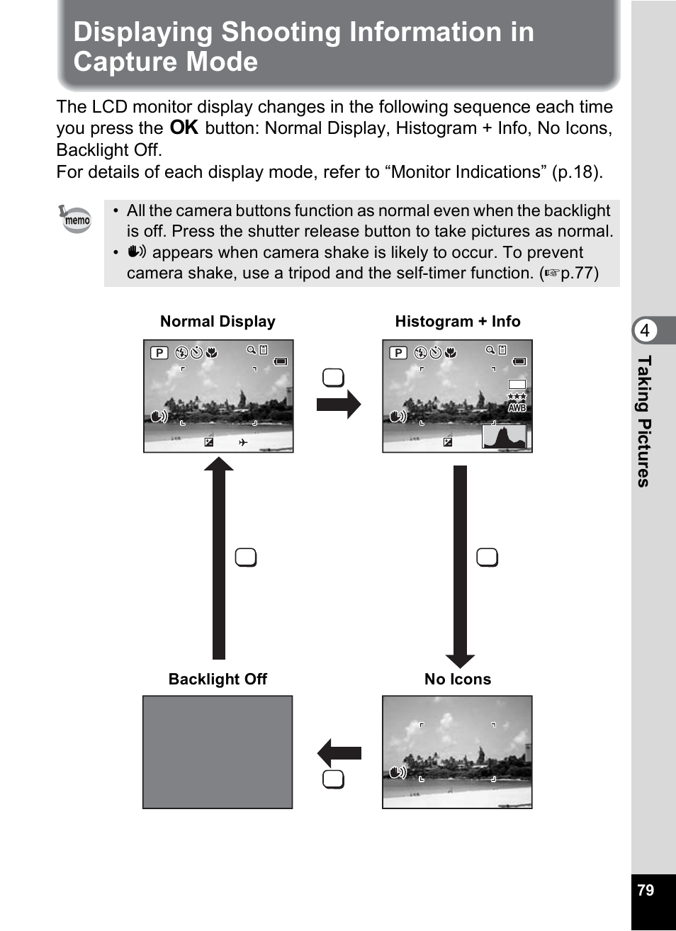 Displaying shooting information in capture mode, P.79, 1p.79) | 4tak ing pi cture s | Pentax Optio WP User Manual | Page 81 / 188