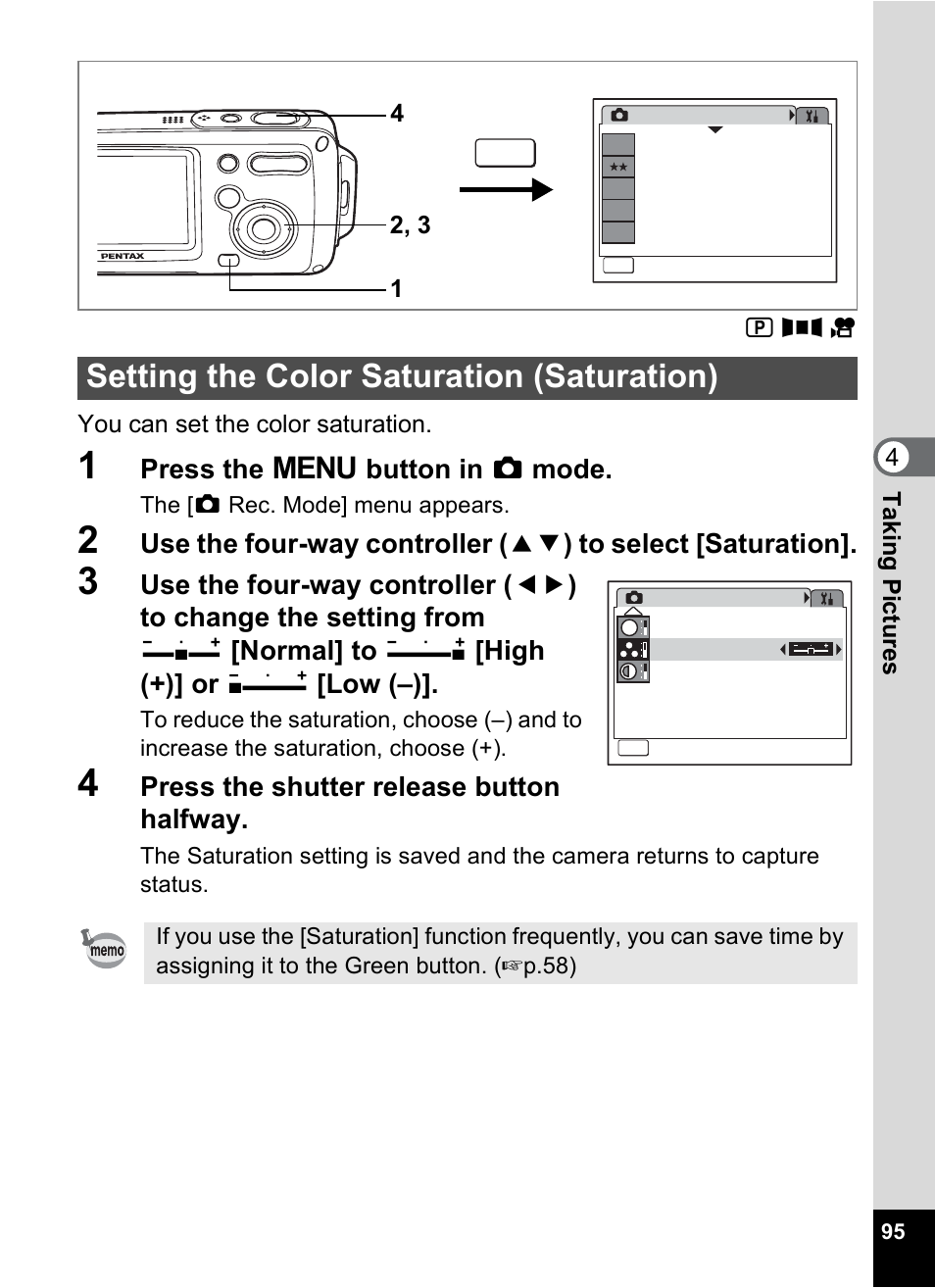 Setting the color saturation (saturation), P.95, Press the 3 button in a mode | Press the shutter release button halfway | Pentax Optio WP User Manual | Page 97 / 188