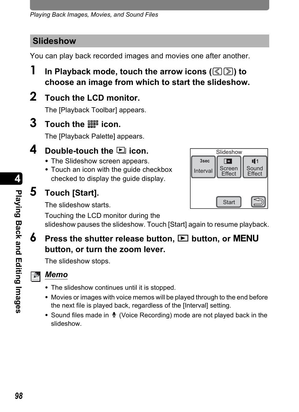 Slideshow, P.98), P.98 | Pentax Optio T30 User Manual | Page 100 / 192