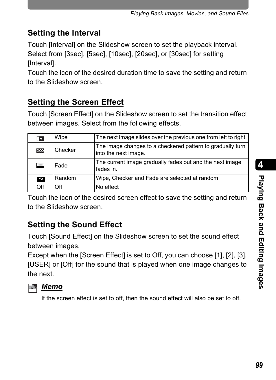 Setting the interval, Setting the screen effect, Setting the sound effect | Pentax Optio T30 User Manual | Page 101 / 192