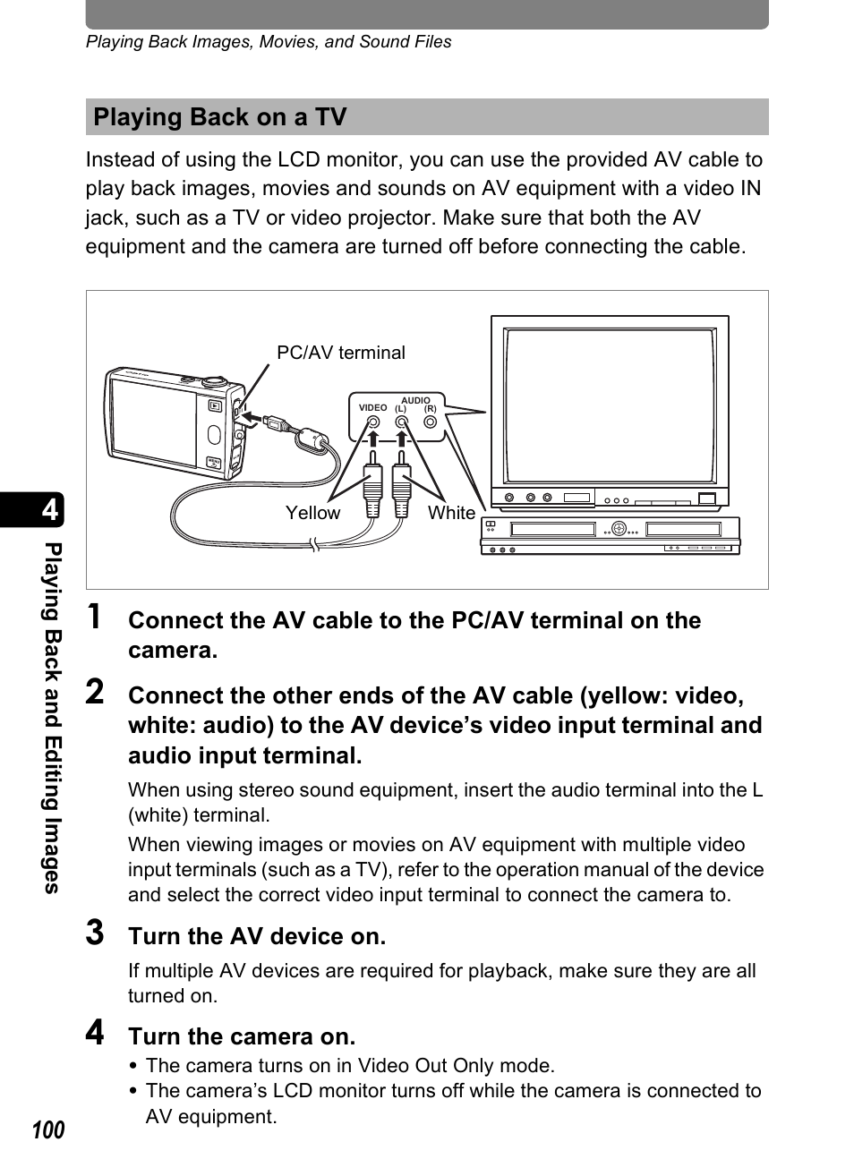 Playing back on a tv, P.100, p, P.100) | Pentax Optio T30 User Manual | Page 102 / 192