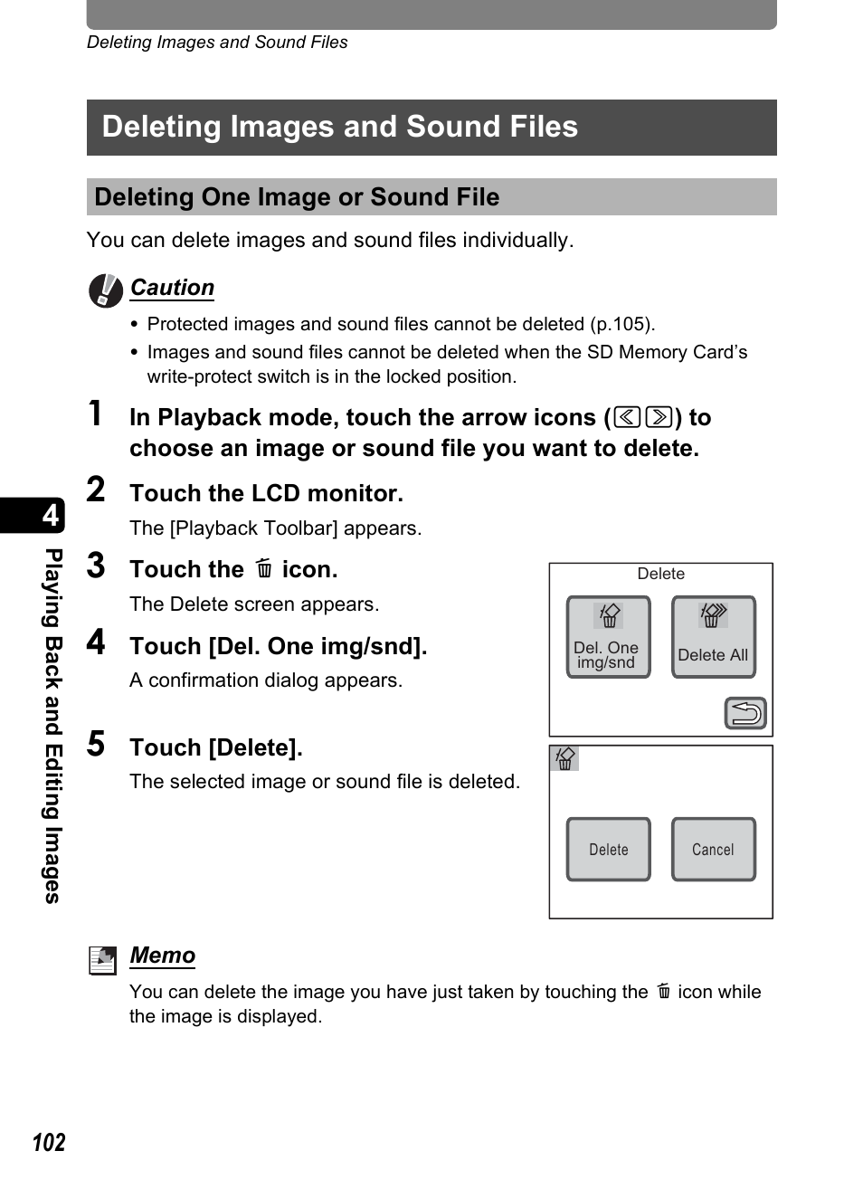 Deleting images and sound files, Deleting one image or sound file, P.102 | Pentax Optio T30 User Manual | Page 104 / 192