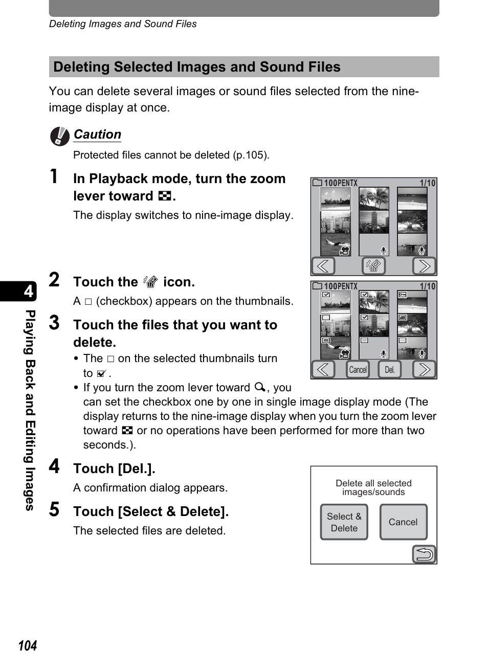 Deleting selected images and sound files | Pentax Optio T30 User Manual | Page 106 / 192