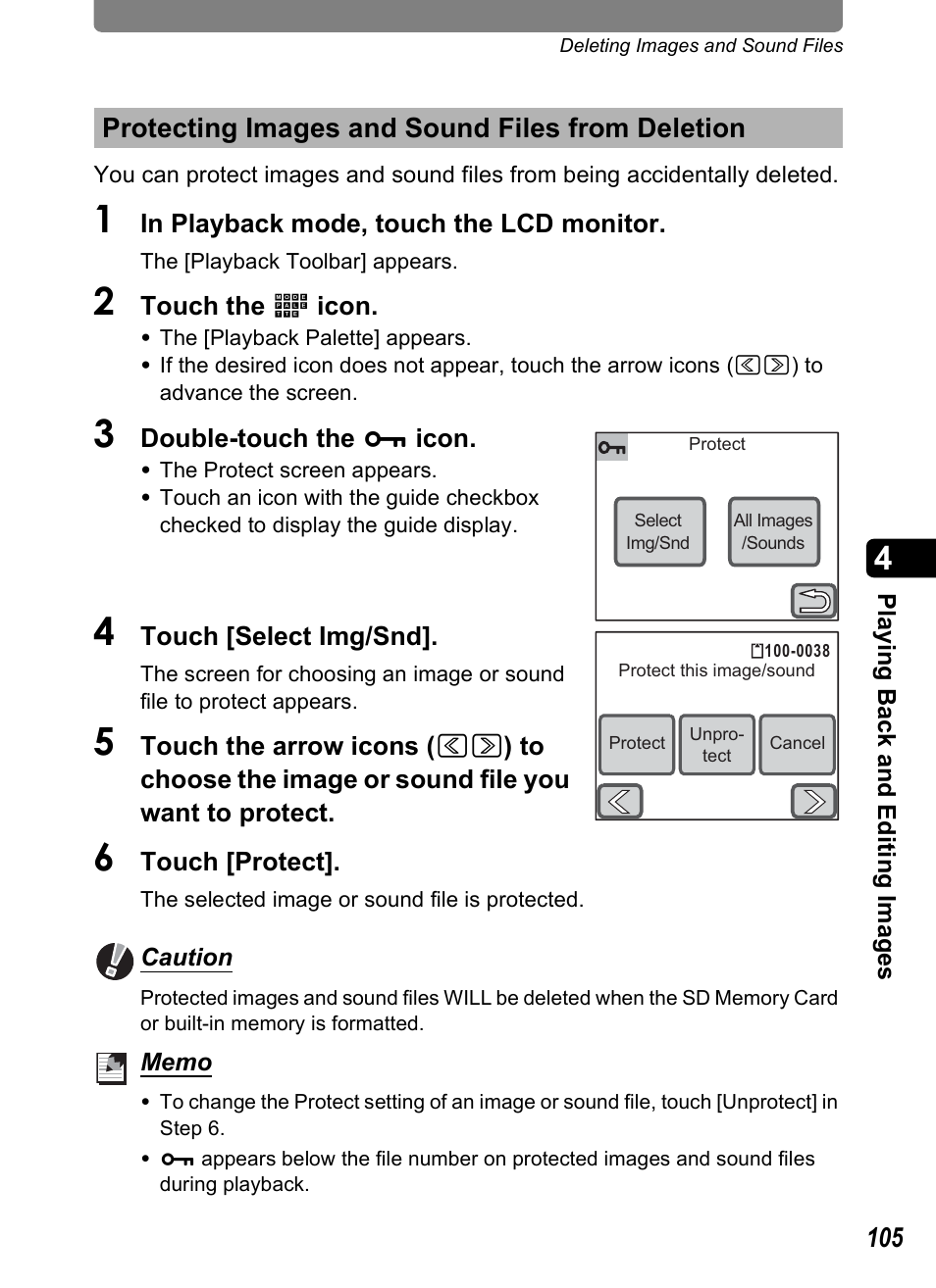 Protecting images and sound files from deletion, P.105 | Pentax Optio T30 User Manual | Page 107 / 192