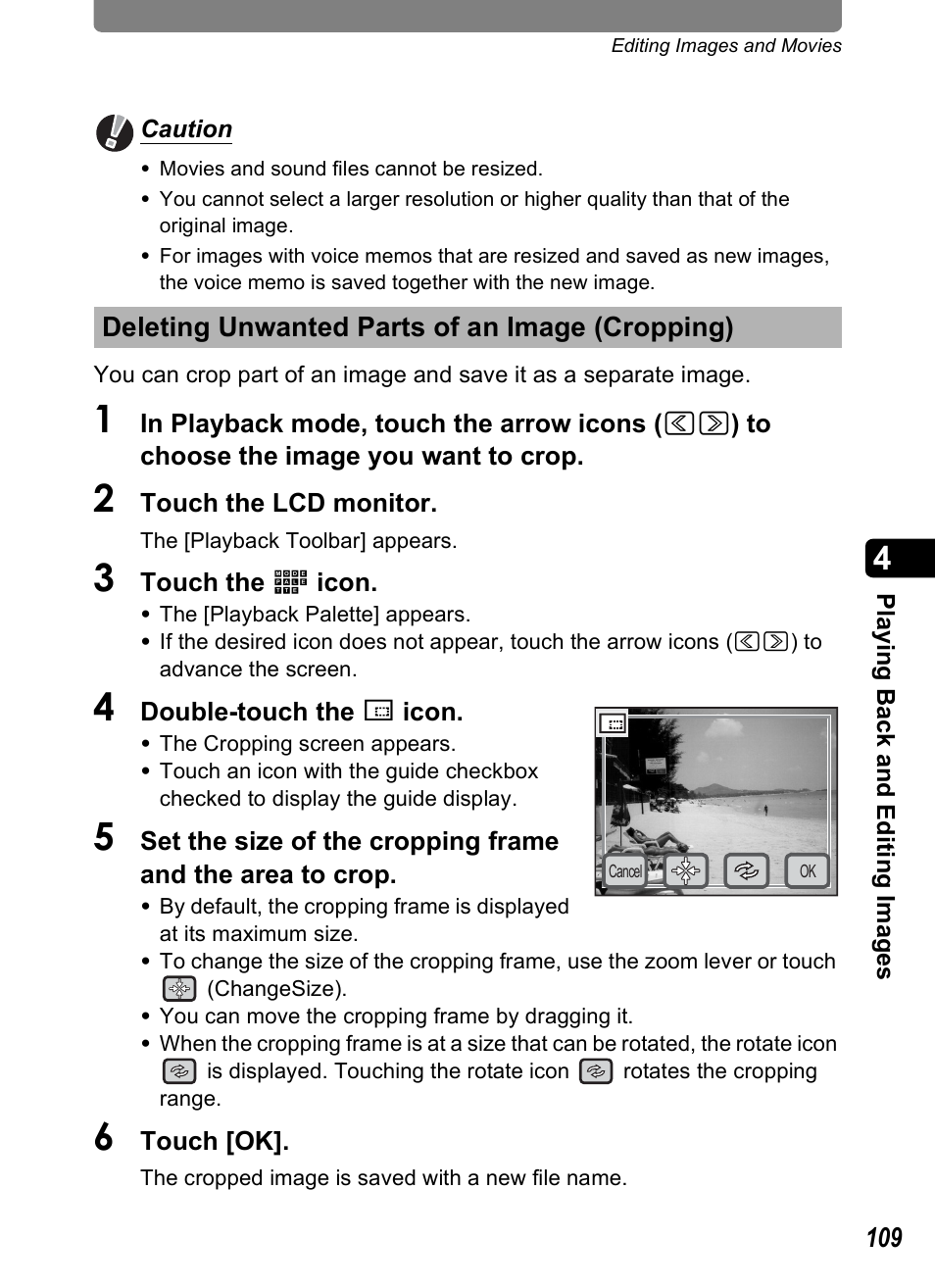 Deleting unwanted parts of an image (cropping), P.109 | Pentax Optio T30 User Manual | Page 111 / 192