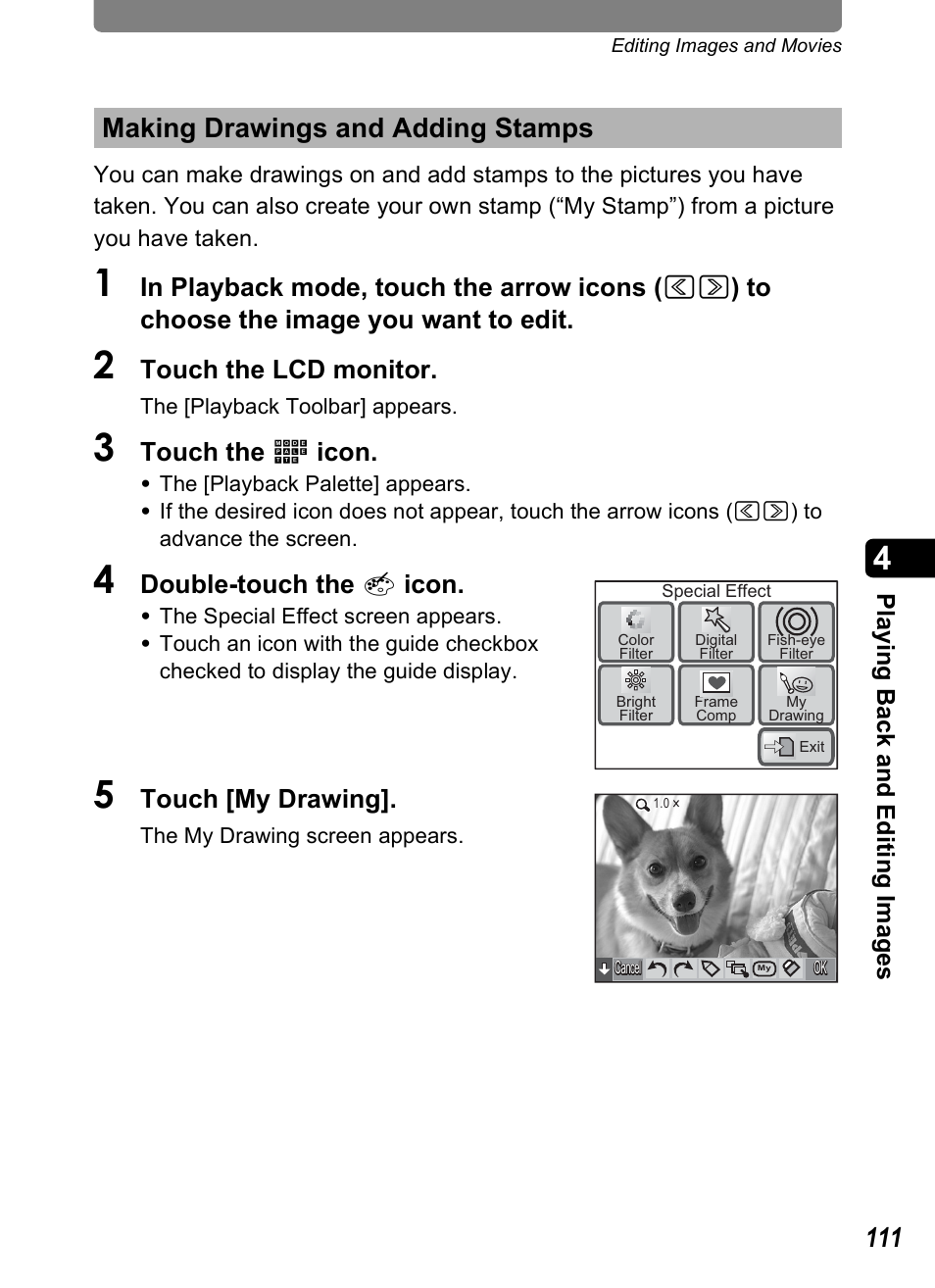 Making drawings and adding stamps, P.111, Ps (p.111 | D more (p.111), Touch the lcd monitor, Touch the n icon, Double-touch the h icon, Touch [my drawing | Pentax Optio T30 User Manual | Page 113 / 192