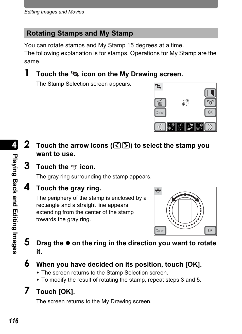 Rotating stamps and my stamp | Pentax Optio T30 User Manual | Page 118 / 192