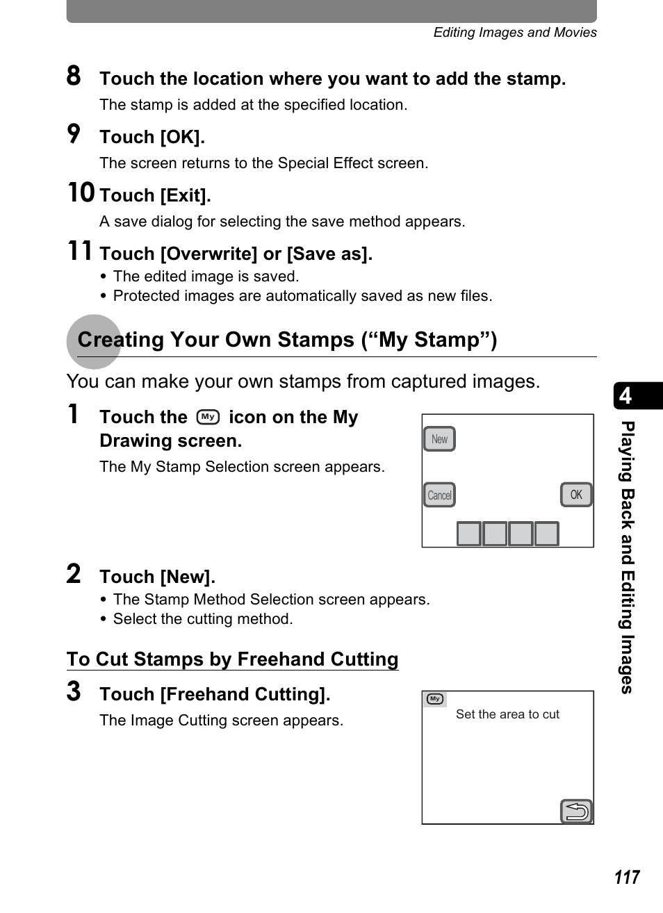 Creating your own stamps (“my stamp”) | Pentax Optio T30 User Manual | Page 119 / 192