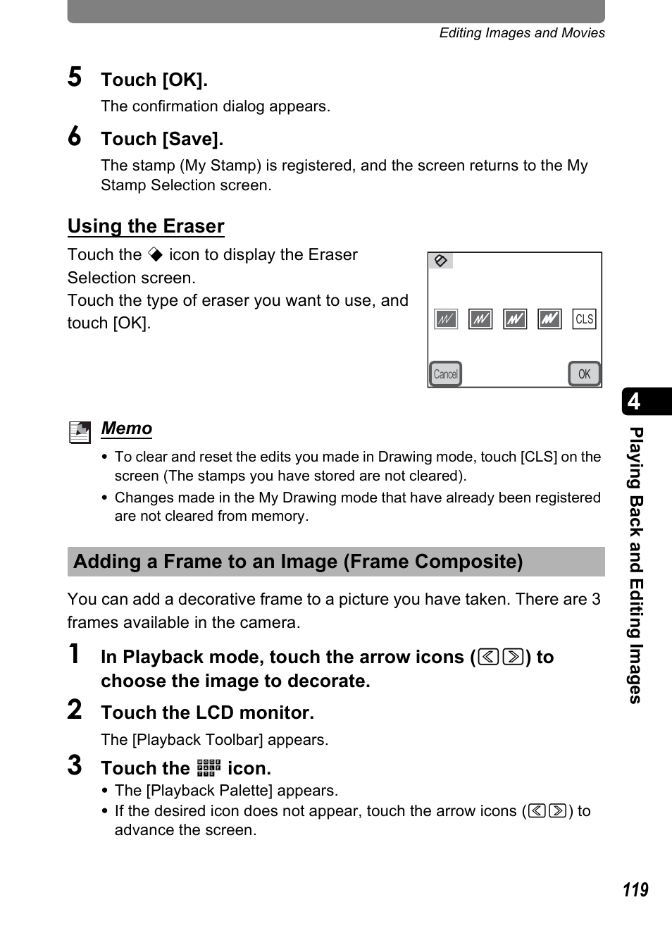 Adding a frame to an image (frame composite), P.119 | Pentax Optio T30 User Manual | Page 121 / 192