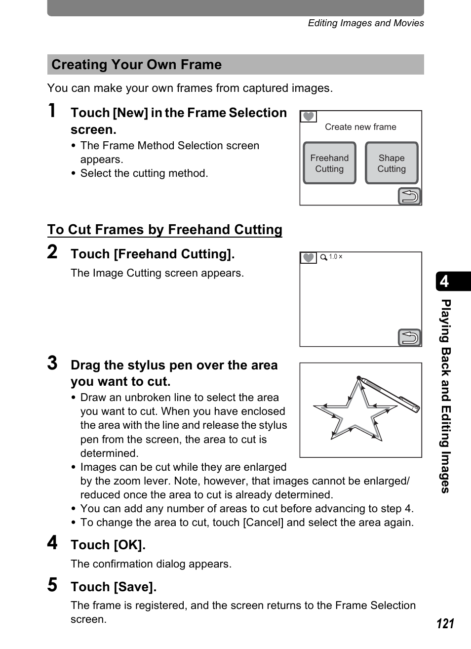 Creating your own frame | Pentax Optio T30 User Manual | Page 123 / 192