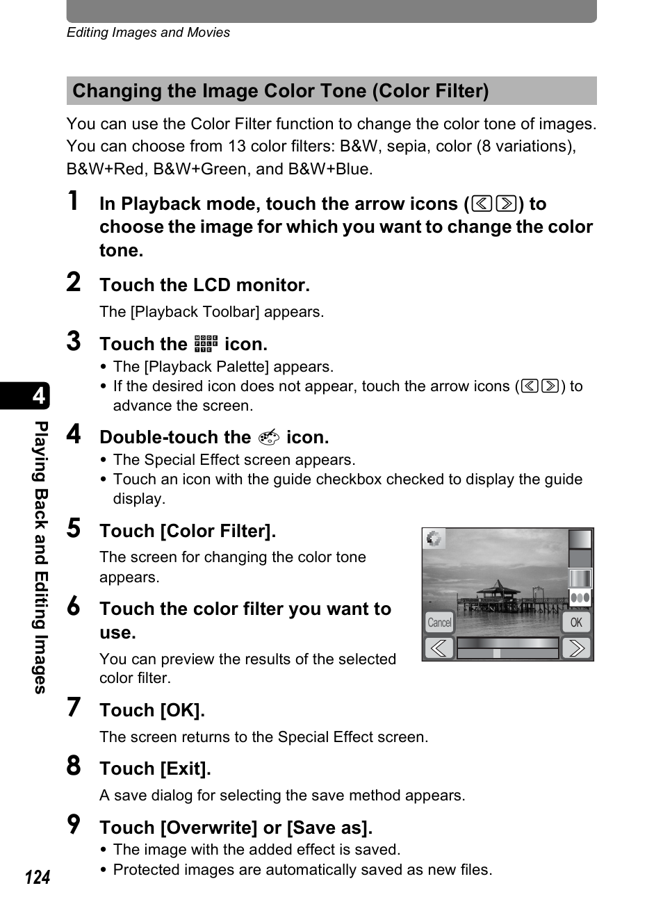 Changing the image color tone (color filter), P.124 | Pentax Optio T30 User Manual | Page 126 / 192