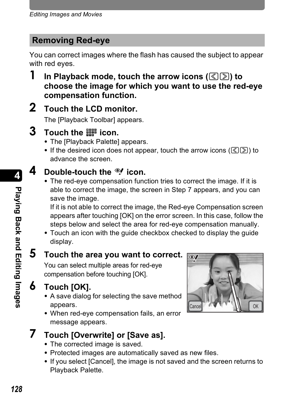 Removing red-eye, P.128 | Pentax Optio T30 User Manual | Page 130 / 192