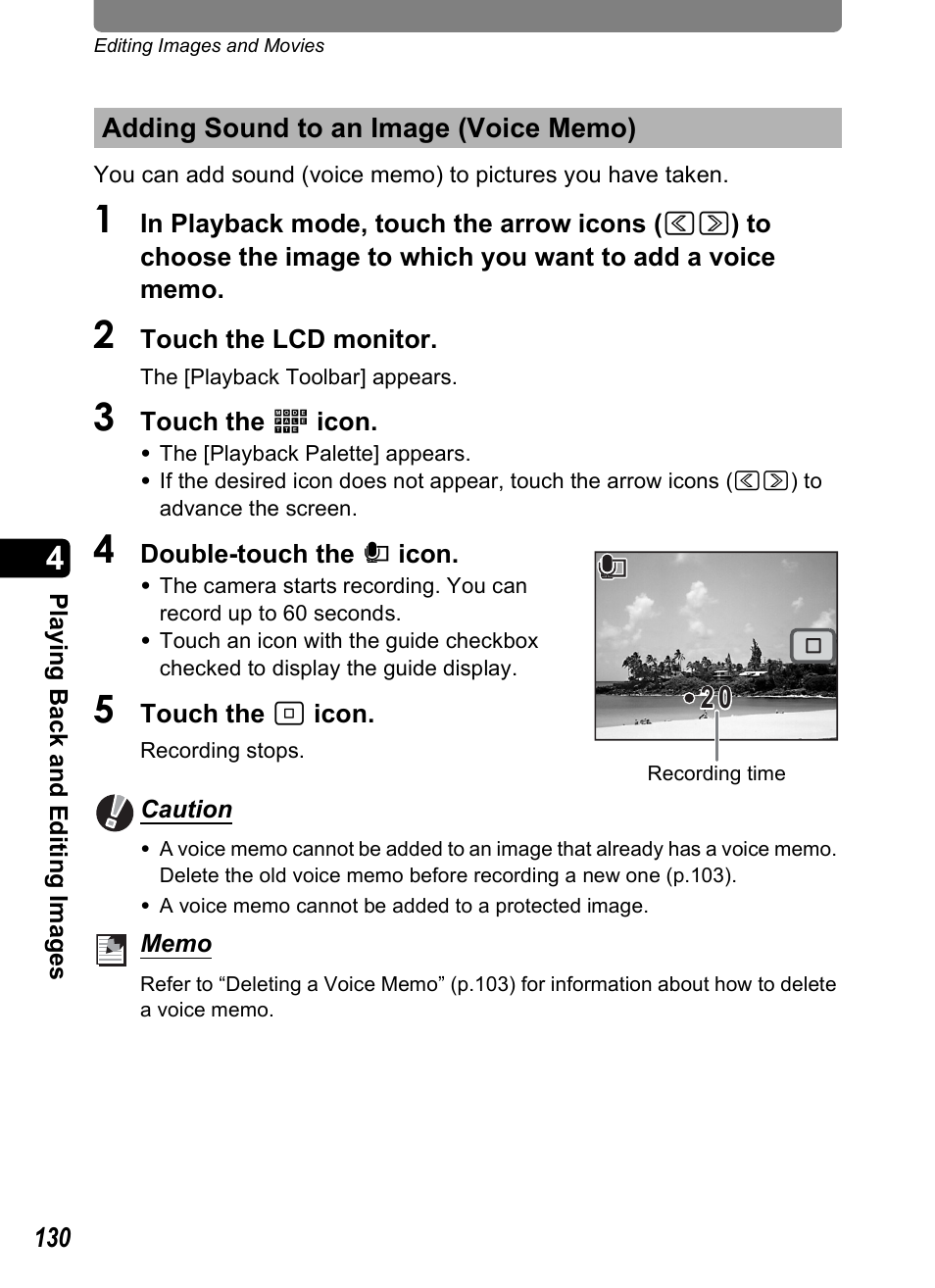Adding sound to an image (voice memo), Nd (p.130, P.130 | Pentax Optio T30 User Manual | Page 132 / 192