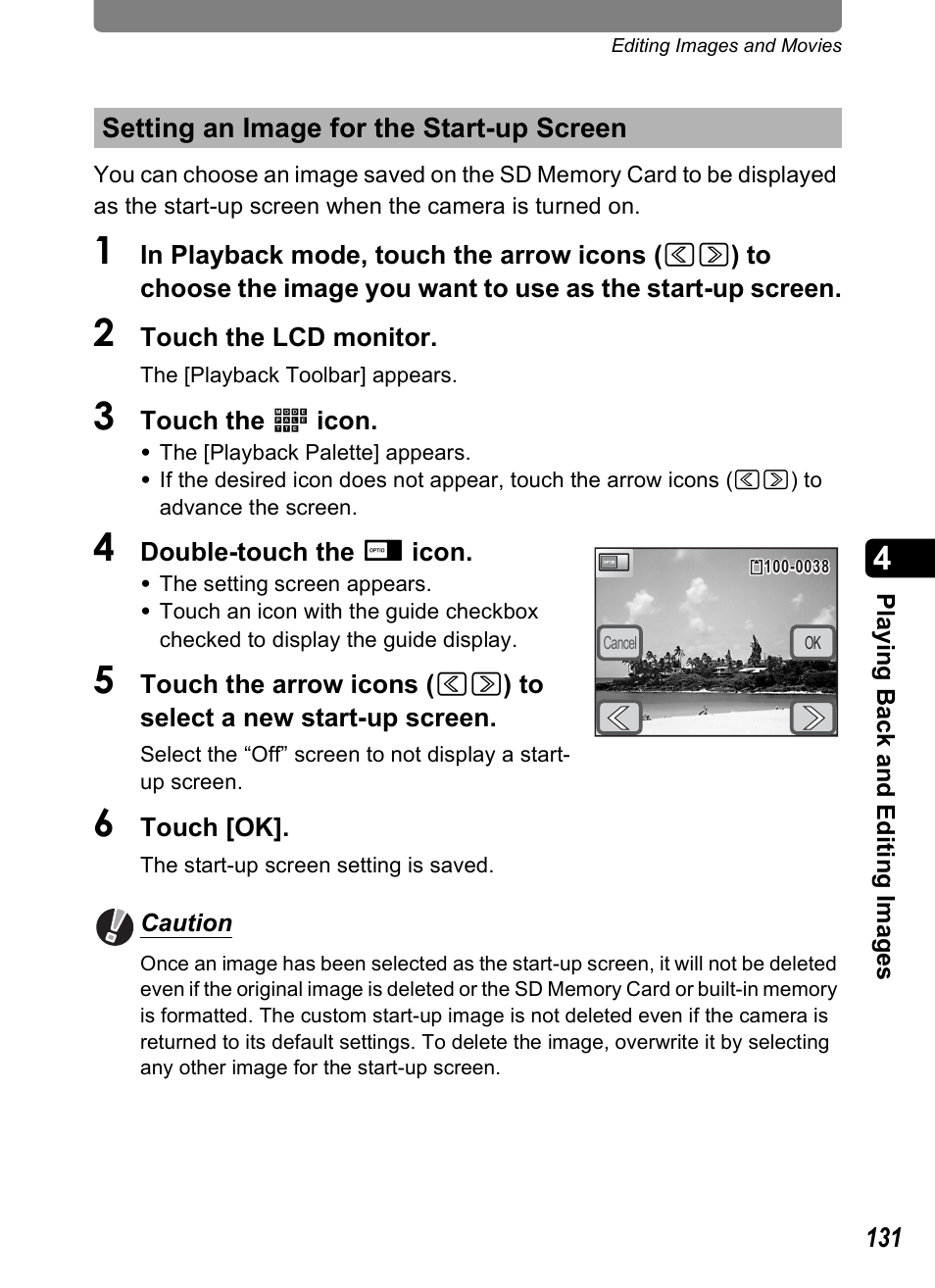 Setting an image for the start-up screen, P.131 | Pentax Optio T30 User Manual | Page 133 / 192