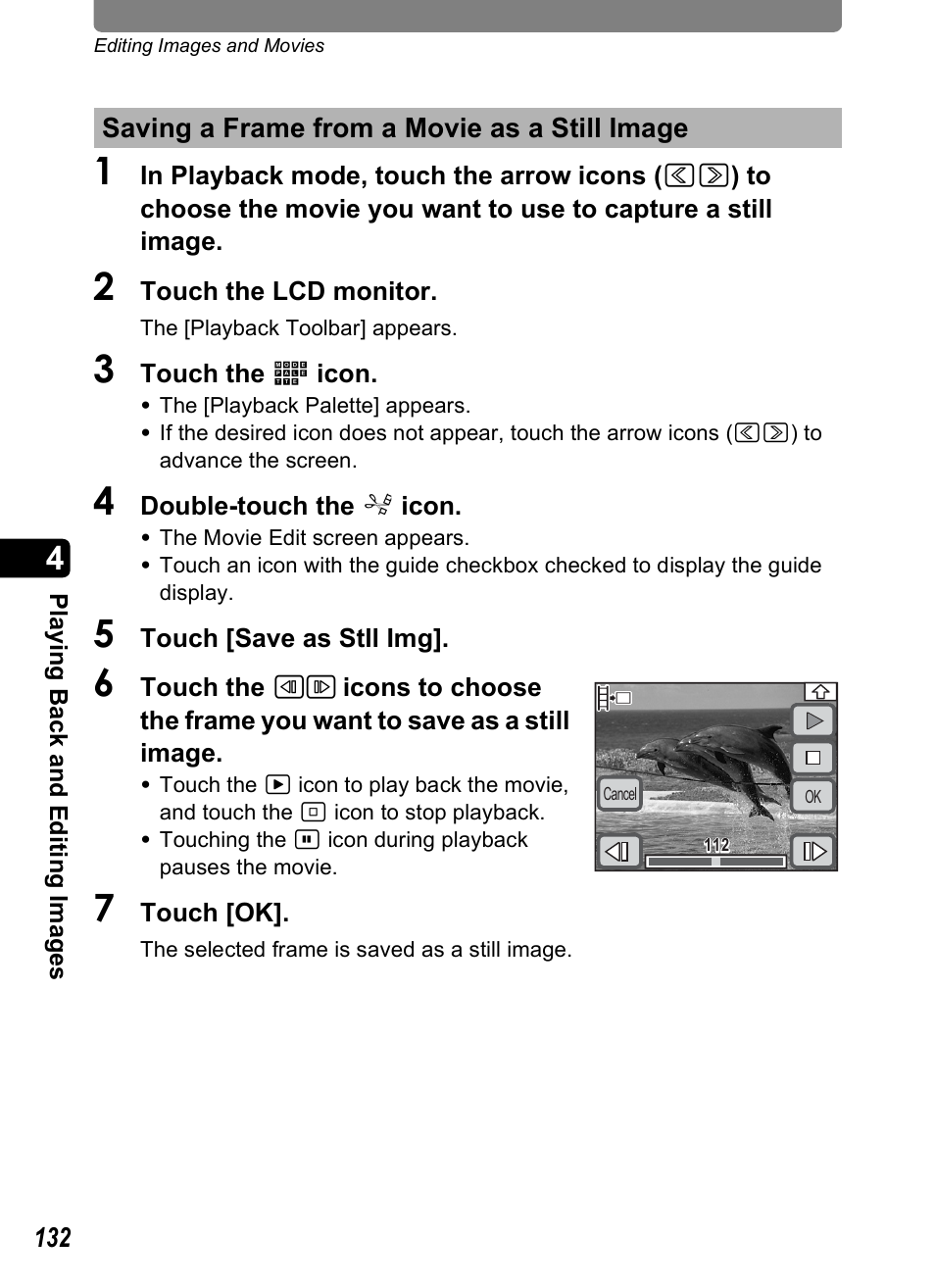 Saving a frame from a movie as a still image, E (p.132, P.132 | Pentax Optio T30 User Manual | Page 134 / 192