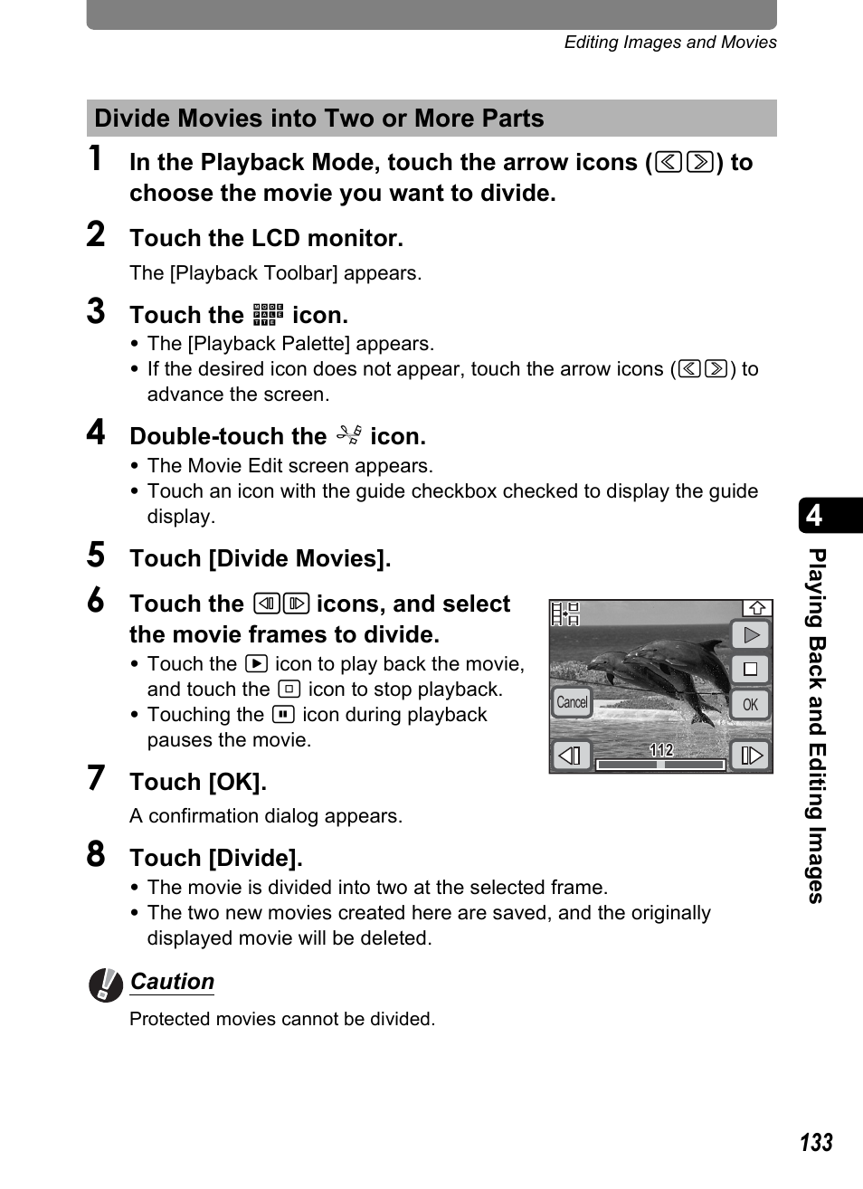Divide movies into two or more parts, E (p.133, P.133 | Pentax Optio T30 User Manual | Page 135 / 192
