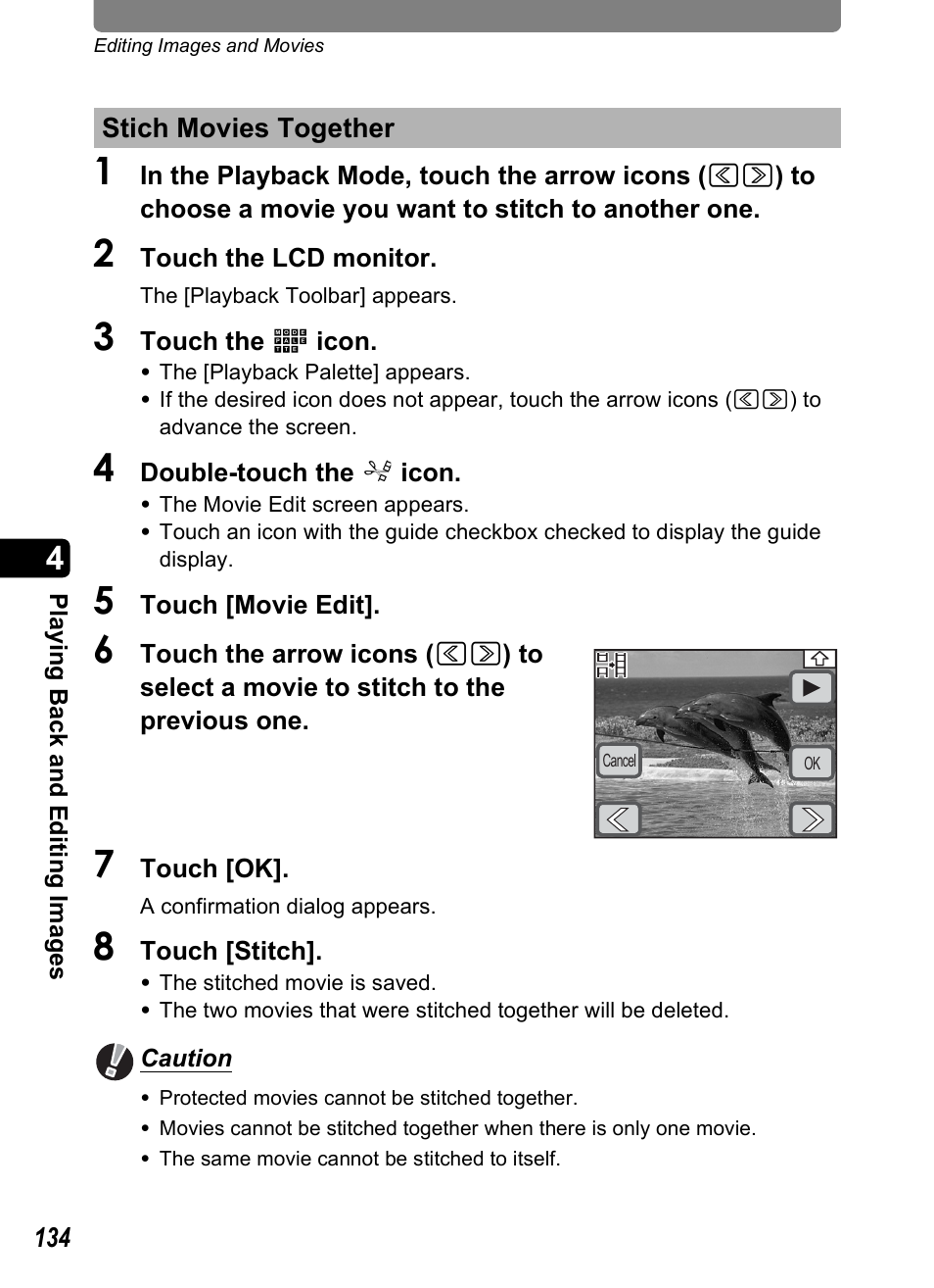 Stich movies together, P.134), P.134 | Pentax Optio T30 User Manual | Page 136 / 192