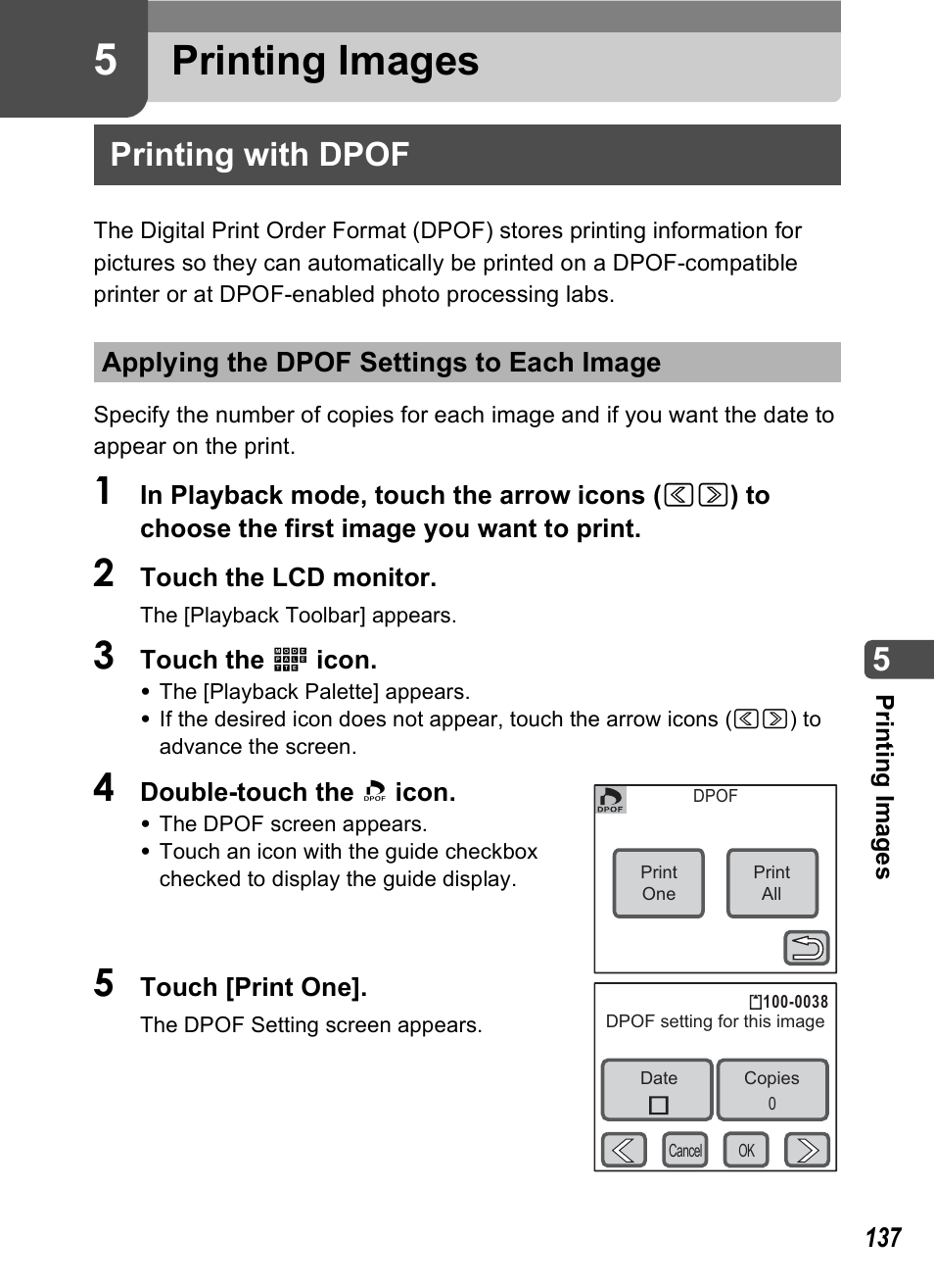 5 printing images, Printing with dpof, Applying the dpof settings to each image | P.137, Ng (p.137, Printing images | Pentax Optio T30 User Manual | Page 139 / 192