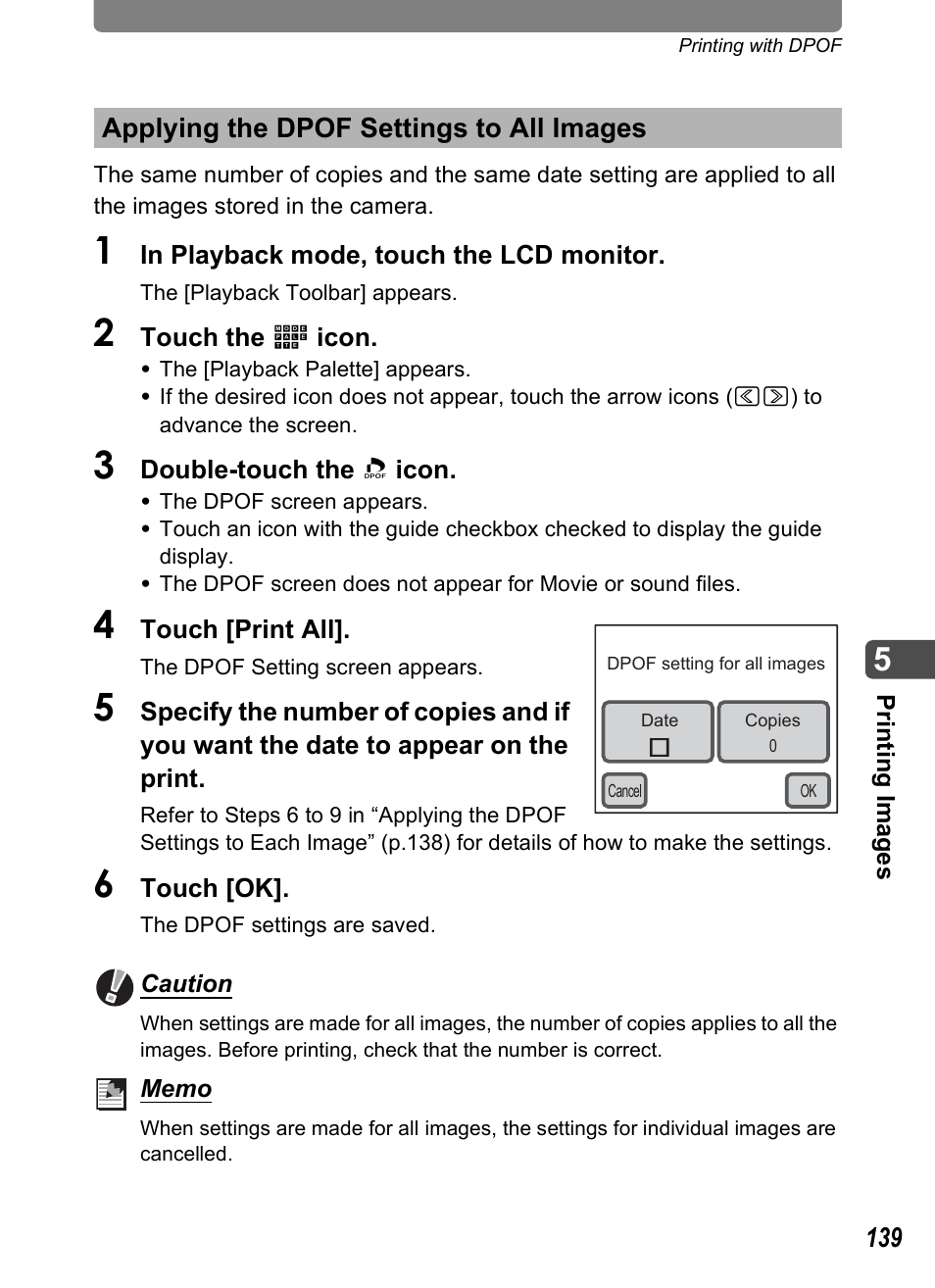 Applying the dpof settings to all images | Pentax Optio T30 User Manual | Page 141 / 192